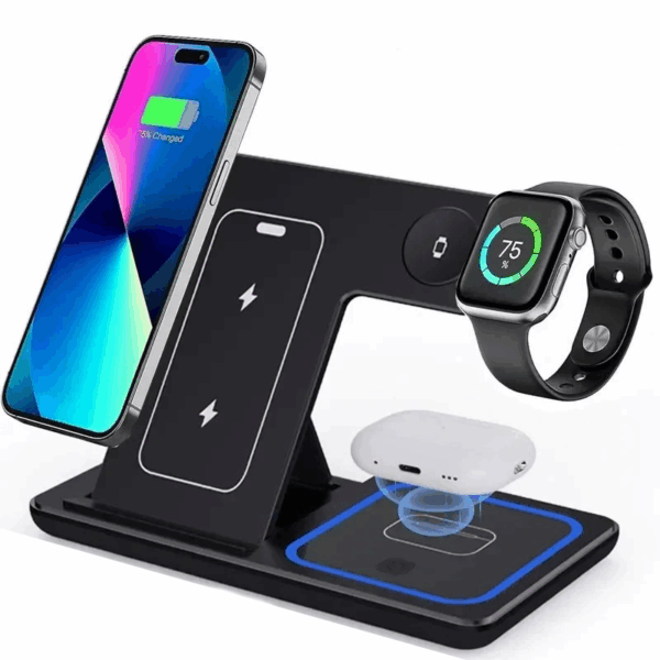 3 In 1 Foldable Wireless Fast Charging Station Dock Holder For All Wireless Charging Device Example: Samsung Phone, Iphone, Xiaomi, Airpods, Earbuds Etc