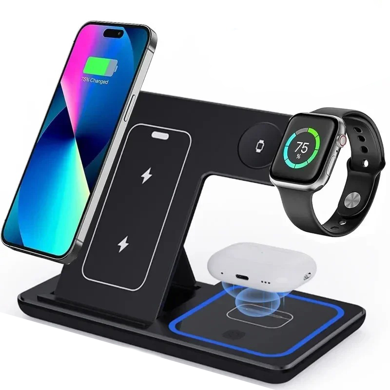 3 In 1 Foldable Wireless Fast Charging Station 3 In 1 Foldable Wireless Fast Charging Station Dock Holder For All Wireless Charging Device Example: Samsung Phone, Iphone, Xiaomi, Airpods, Earbuds Etc - Image 1