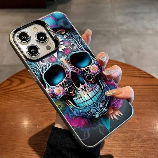 iPhone 16 Pro Max , 15 Pro Max, 14 Pro Max Shockproof Luxury Skull Pattern Electroplate Silver IMD Phone Case Cover