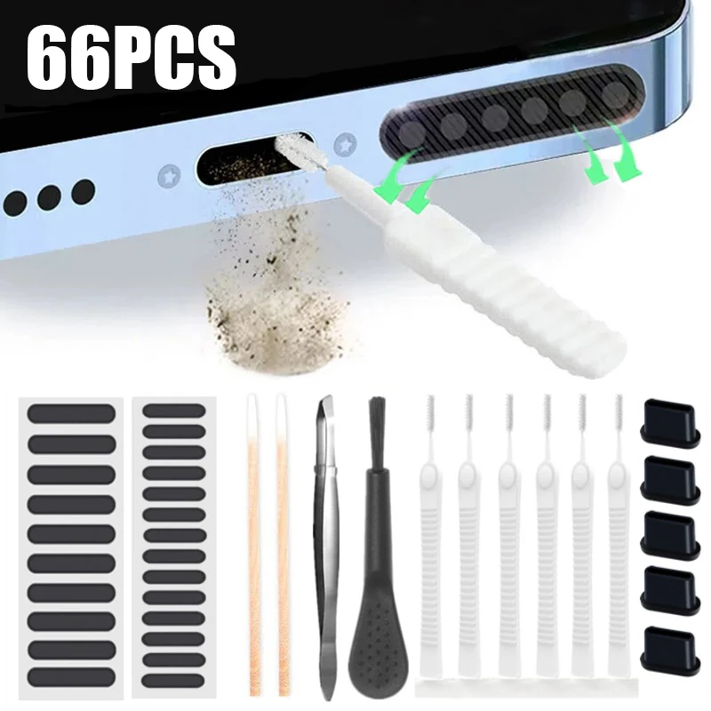 66pcs Smart Phones Dust Plug Speaker Mesh Sticker with Tweezers & Charging Port Protector Cleaning Kit